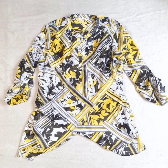 Tanjay Yellow Black Semi Sheer Blouse, Large - Picture 1 of 10